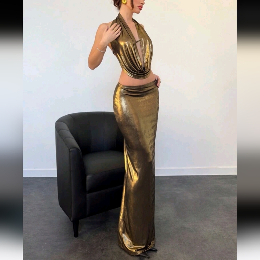 Party Halter Deep Draped Neck Backless Crop Top + Low-Waist H-Line Long Skirt - Picture 2 of 5